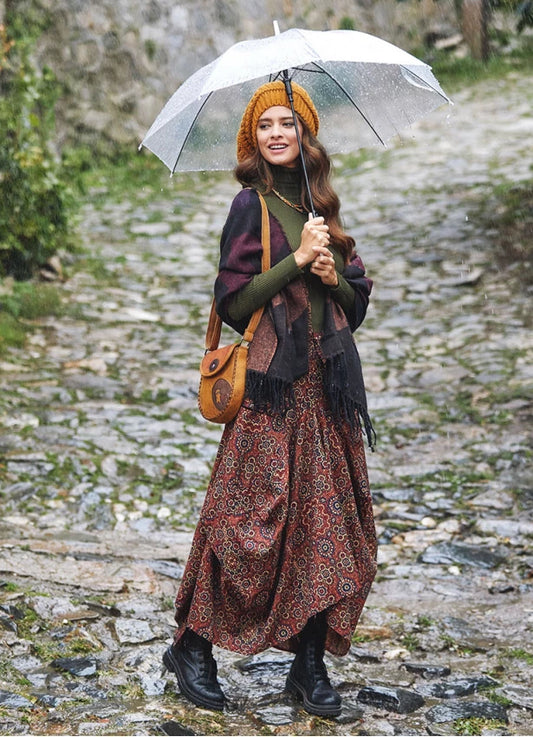 Oversize Pockets Elastic Waist Retro Print Skirt