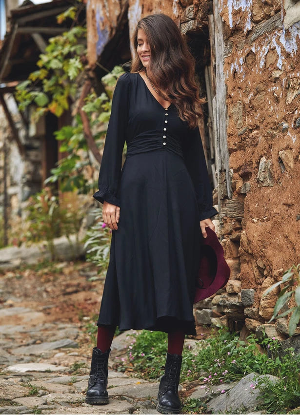 Boho Style Ruffle Sleeve Long Black Dress