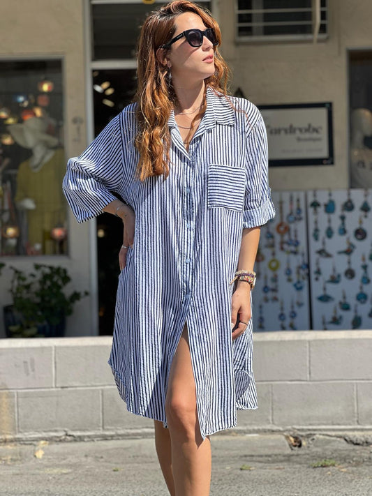 Navy Blue Striped Shirt Dress