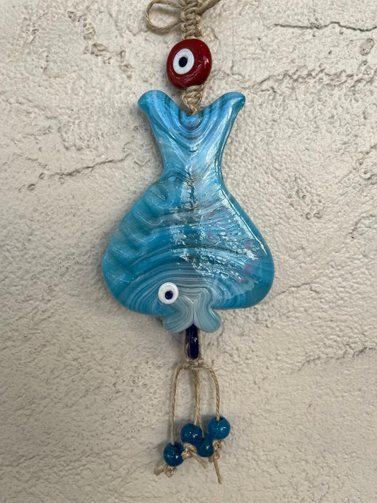 Turquoise Lucky Fish With Glass Evil Eye Beads