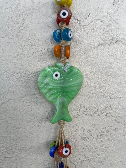 41 Green Glass Evil Eye Beads with Fish