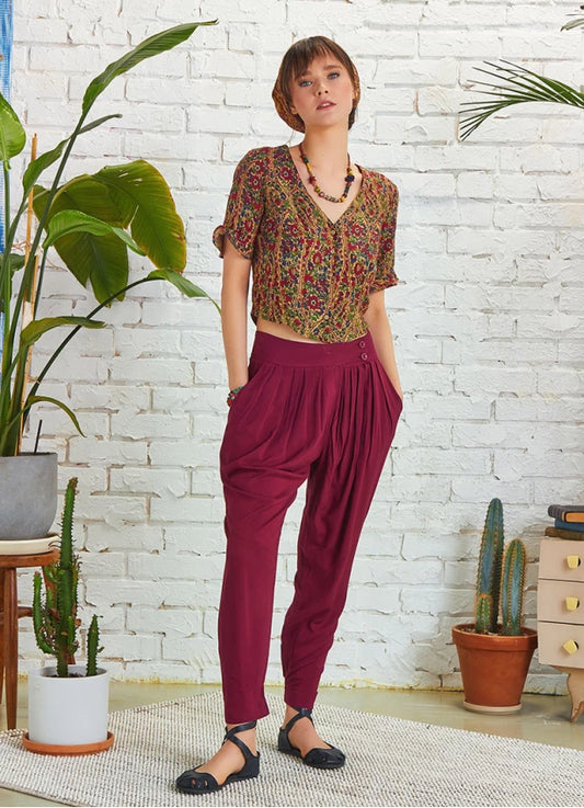 Slim Leg Maroon Pleated Trousers