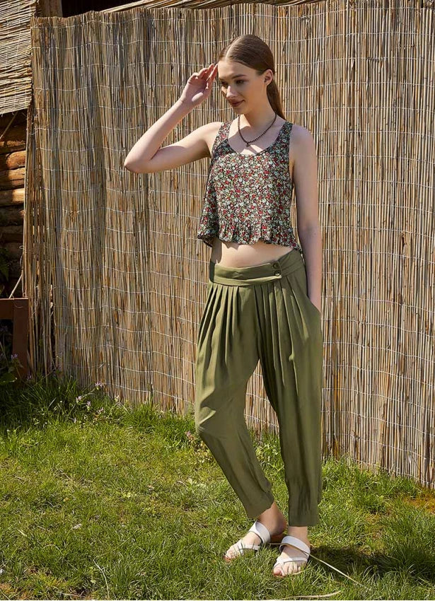 Slim Leg Sage Green Pleated Trousers