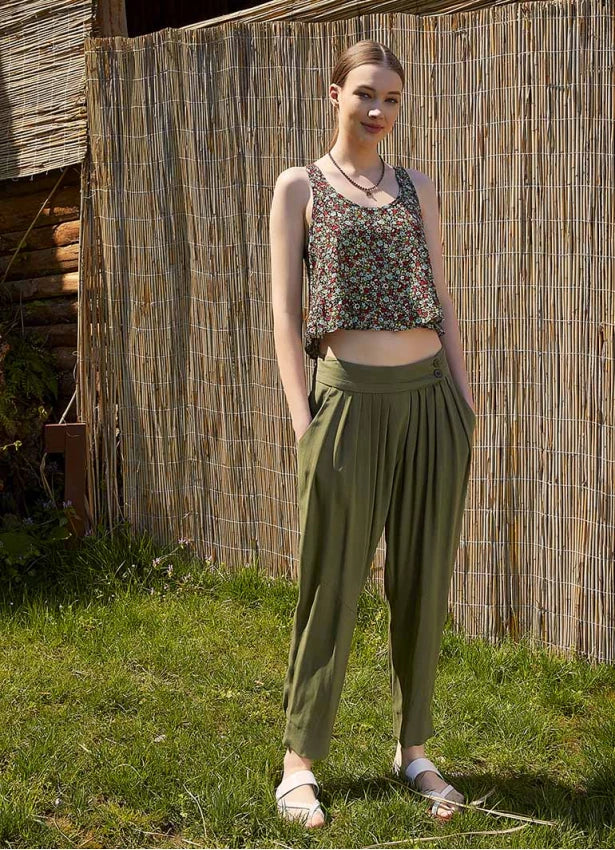 Slim Leg Sage Green Pleated Trousers
