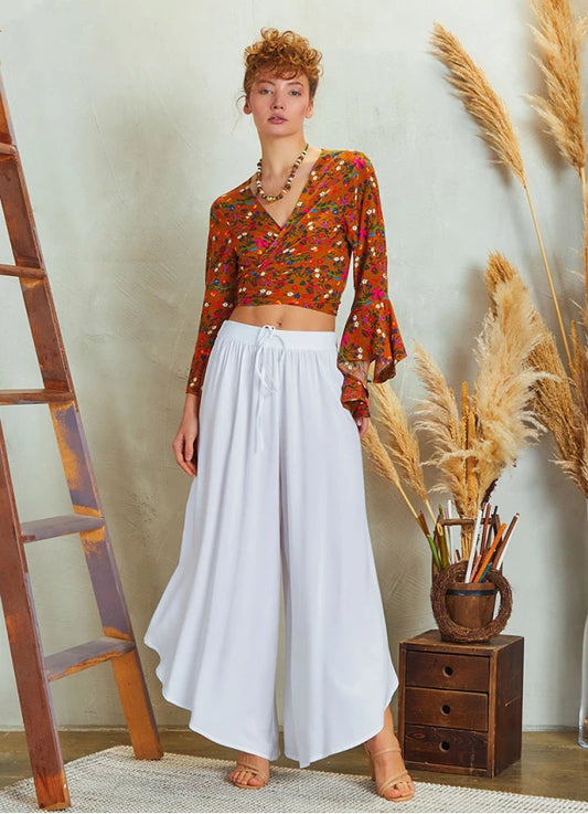 Boho Style Draw String Wide Leg Loose Pants - White
