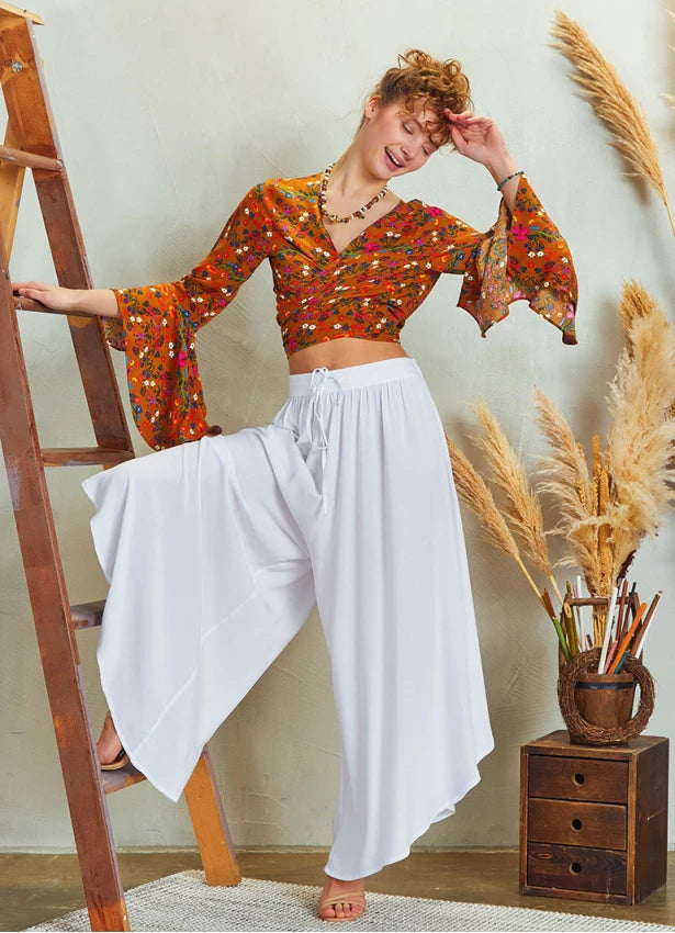 Boho Style Draw String Wide Leg Loose Pants - White