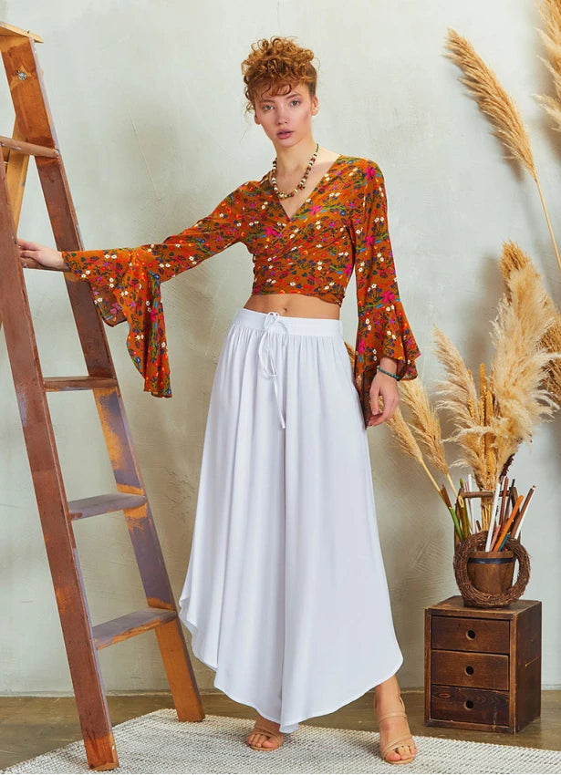 Boho Style Draw String Wide Leg Loose Pants - White