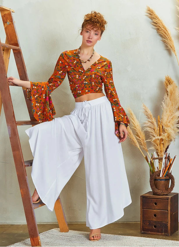 Boho Style Draw String Wide Leg Loose Pants - White