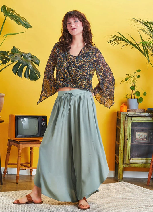 Boho Style Draw String Green Wide Leg Loose Pants