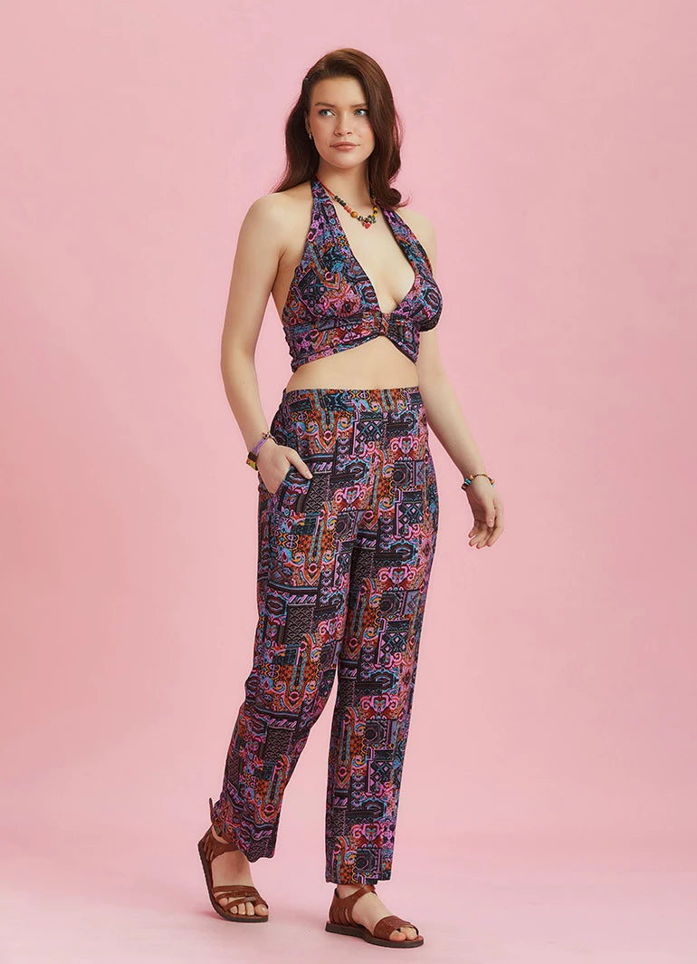 Straight Leg Lilac Patterned Elastic Waist Trousers