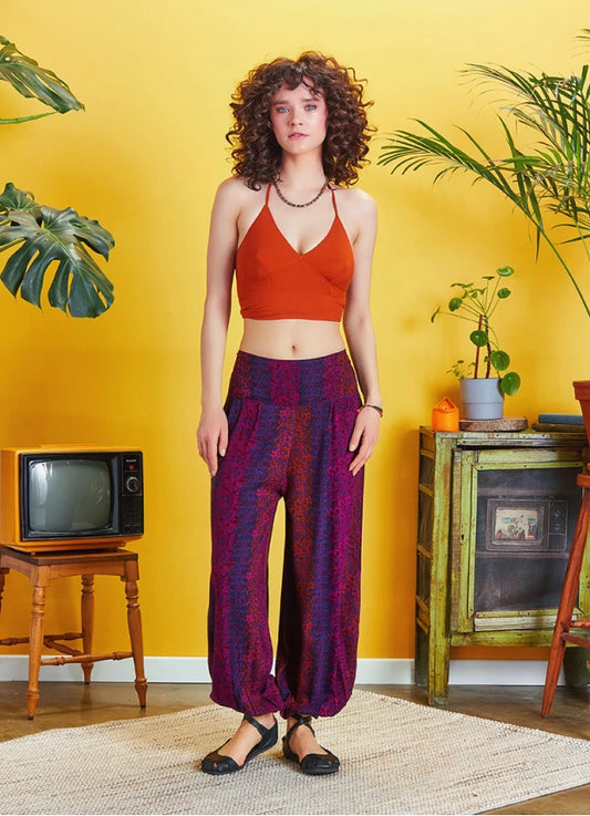 Elastic Waist and Hem Mid Rise Harem Pants - Purple