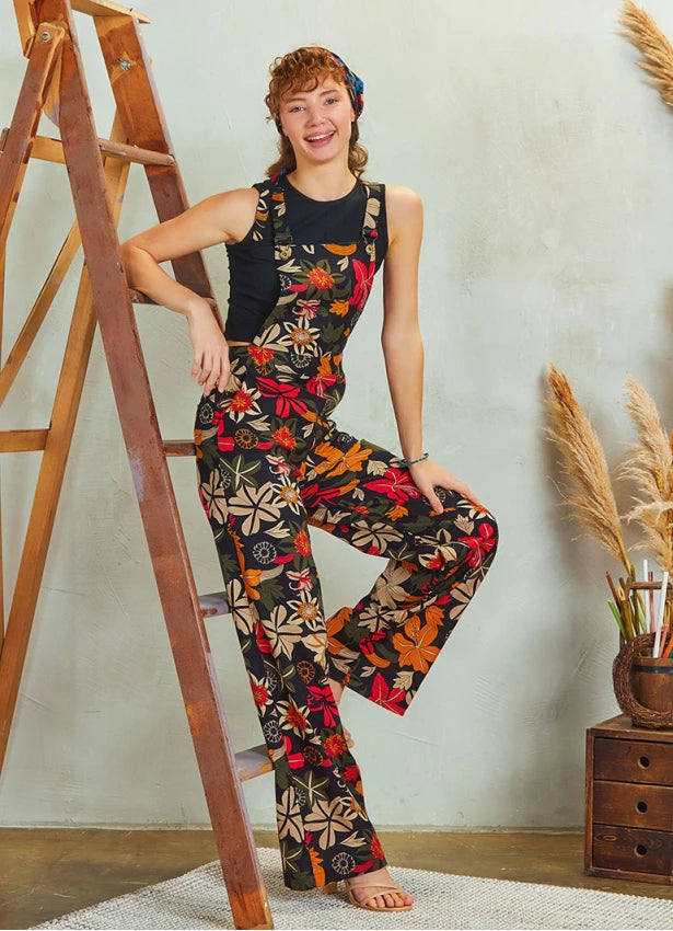 Adjustable Buckle Straps Jumpsuit Pants Floral Print