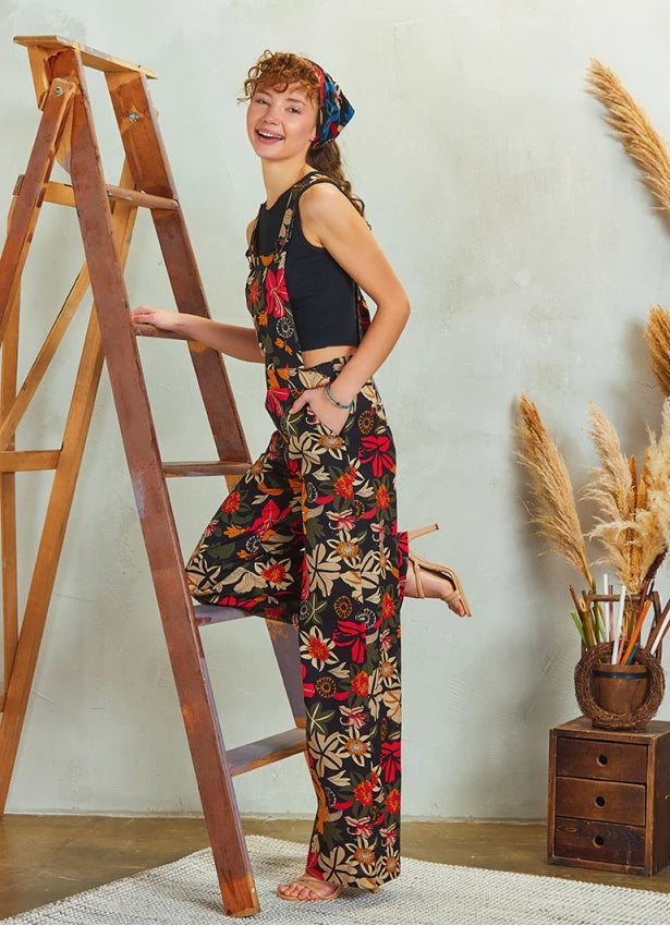 Adjustable Buckle Straps Jumpsuit Pants Floral Print
