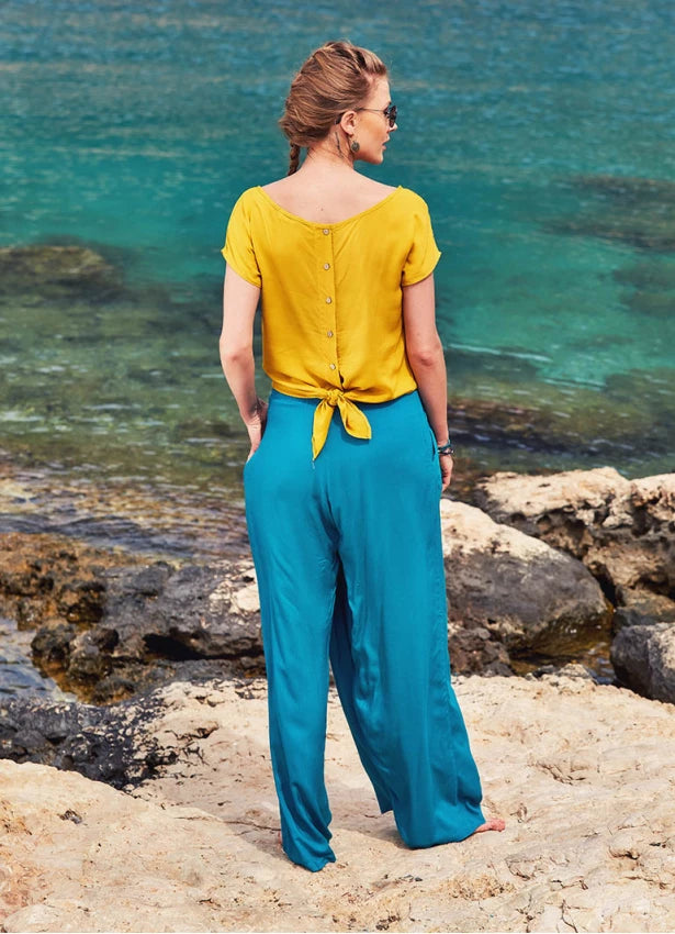 Wraped Front Elastic Waist Flowy Pants Petrol Blue