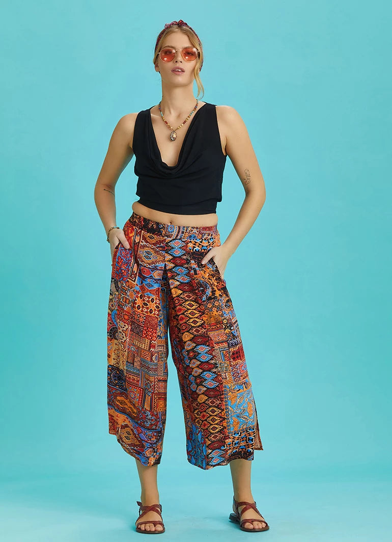 African Pattern Front Pleat Detailed Women's Trousers Skirt