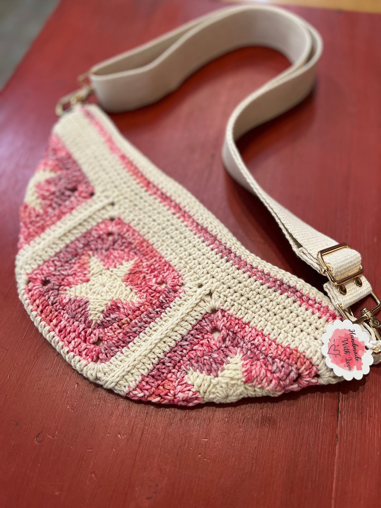 Hand Crochet Crossbody Adjustable Bag Pink Star