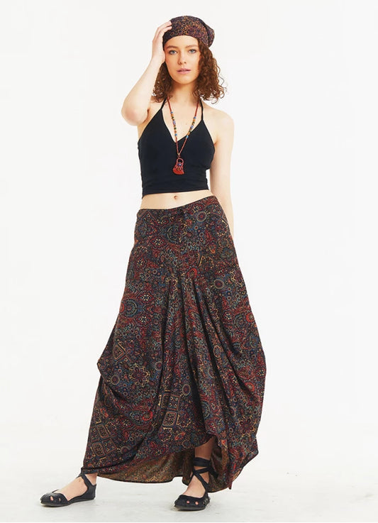 Tie Waist Pocket Detail Long Skirt - Ethnic Patterned