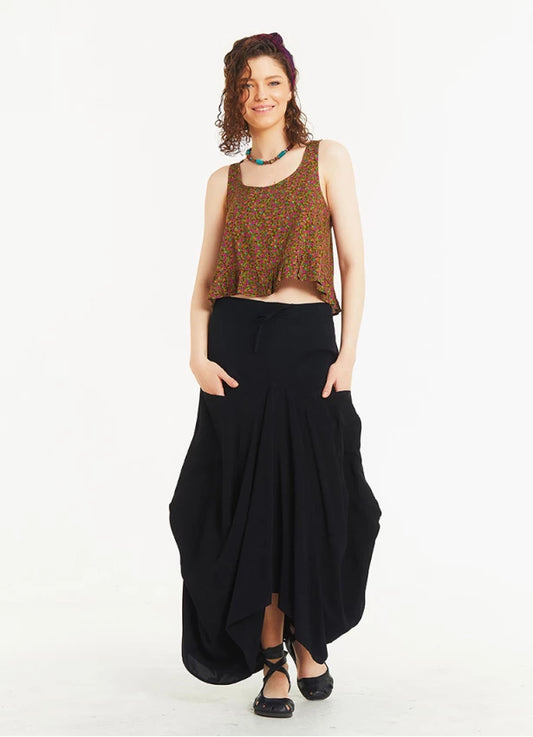 Tie Waist Pocket Detail Black Long Skirt