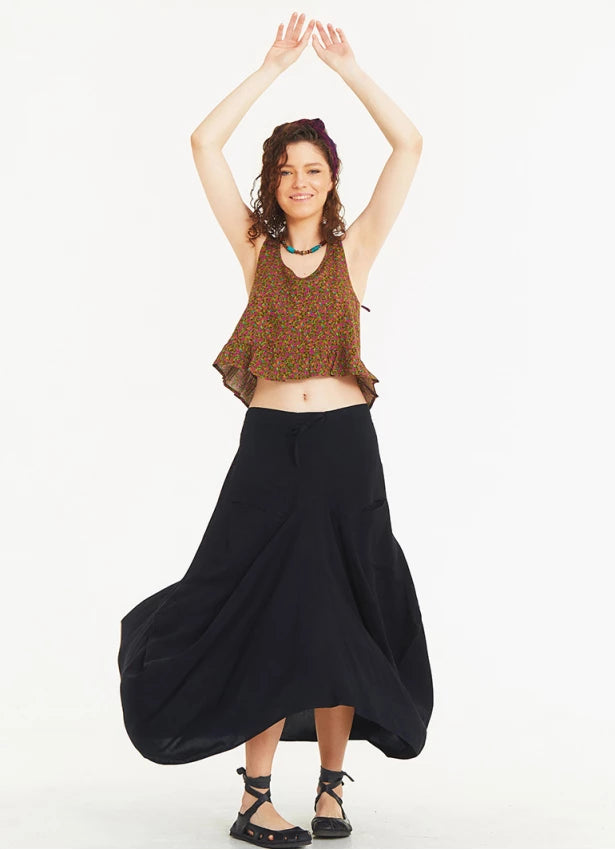 Tie Waist Pocket Detail Black Long Skirt