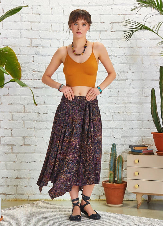 Tie Waist Asymmetrical Hem Detailed Boho Chic Flowy Midi Skirt Ethnic Print