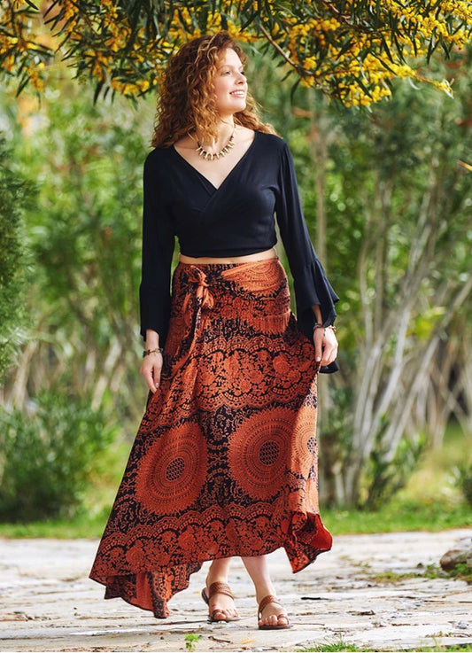 Asymmetrical Hem Maxi Skirt Black Orange Ethnic Patterned