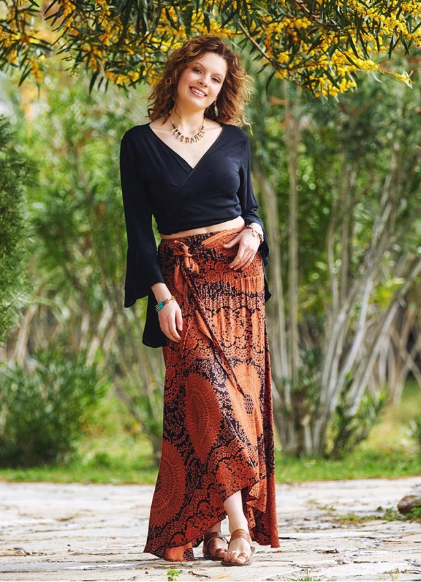 Asymmetrical Hem Maxi Skirt Black Orange Ethnic Patterned