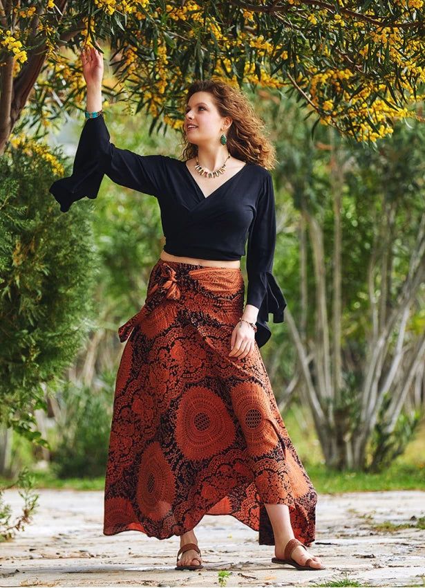 Asymmetrical Hem Maxi Skirt Black Orange Ethnic Patterned