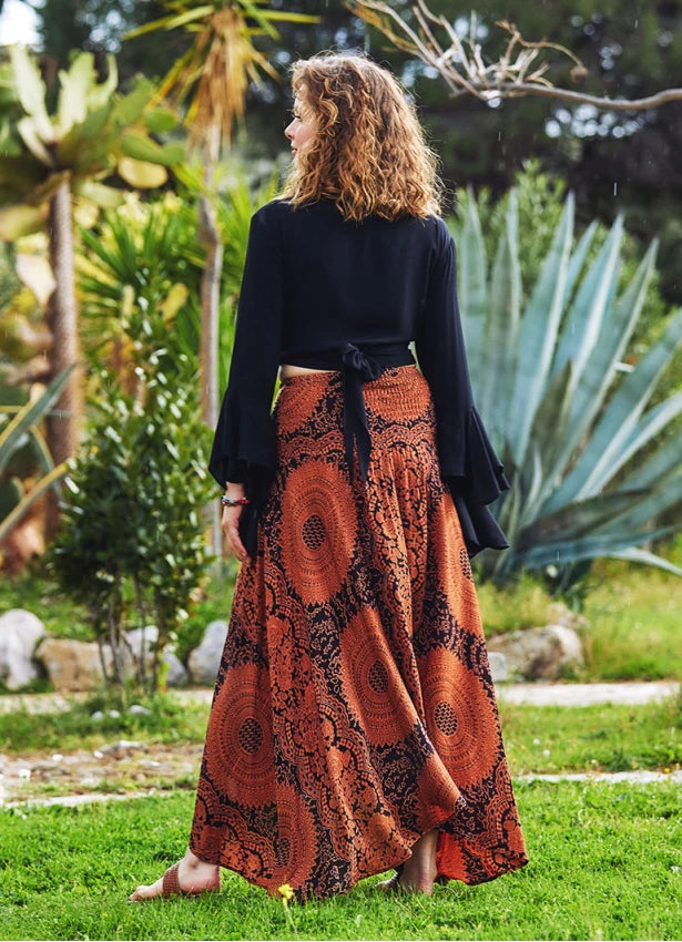 Asymmetrical Hem Maxi Skirt Black Orange Ethnic Patterned