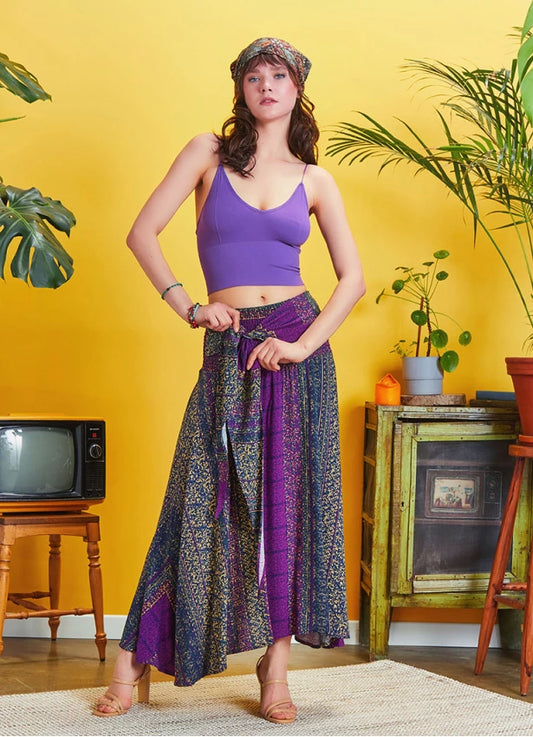 Asymmetrical Hem Maxi Skirt Purple Patterned