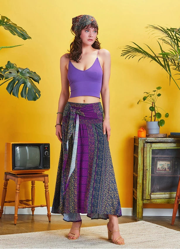 Asymmetrical Hem Maxi Skirt Purple Patterned