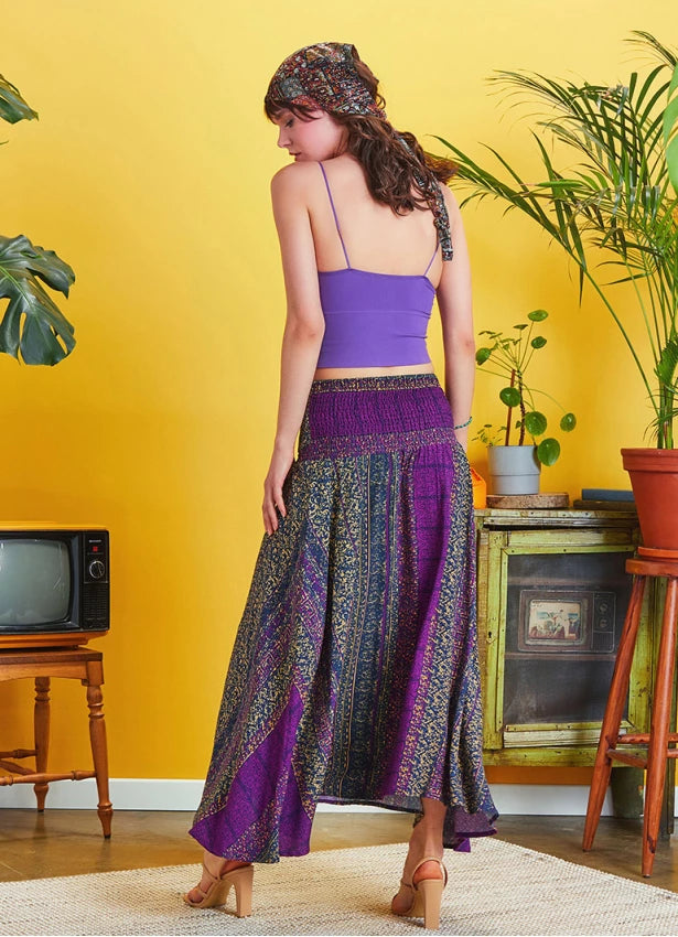 Asymmetrical Hem Maxi Skirt Purple Patterned