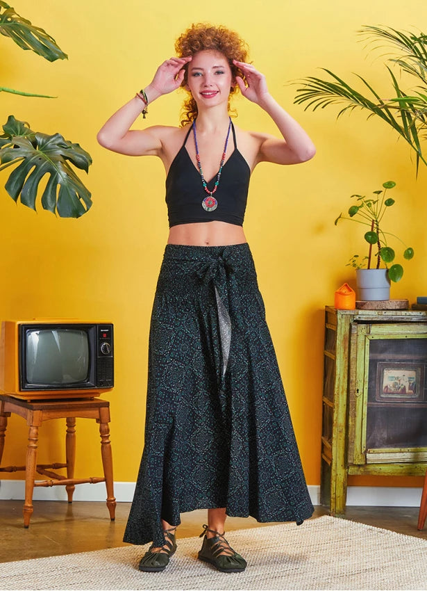 Asymmetrical Hem Maxi Skirt Green Patterned
