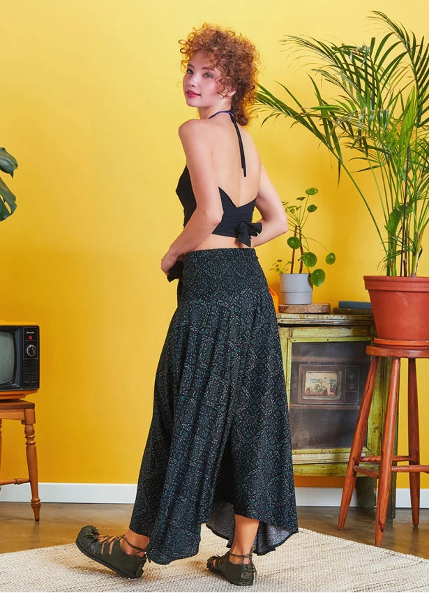 Asymmetrical Hem Maxi Skirt Green Patterned