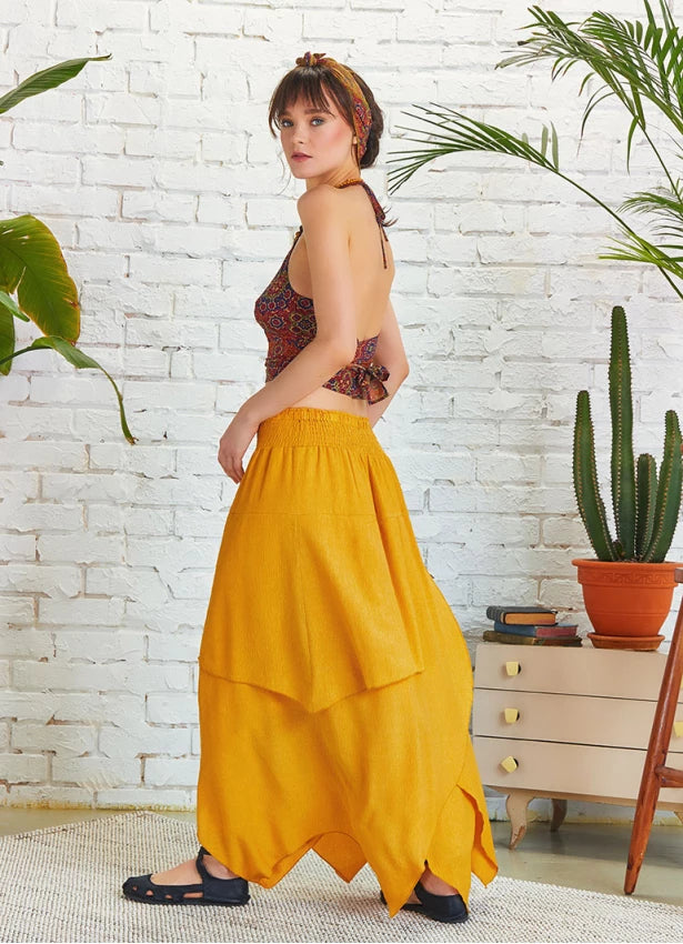 Layered Bohemian Style Maxi Skirt Yellow