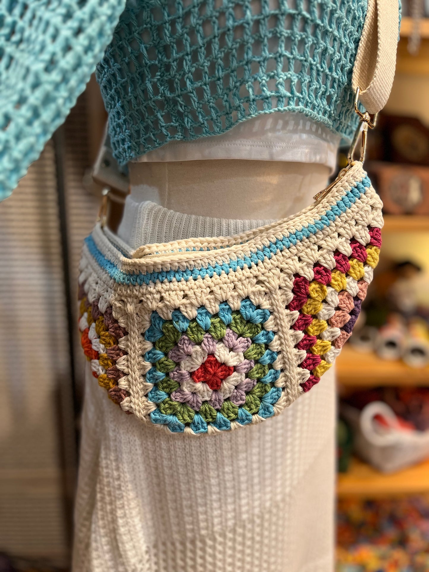 Hand Crochet Crossbody Adjustable Bag Turquoise