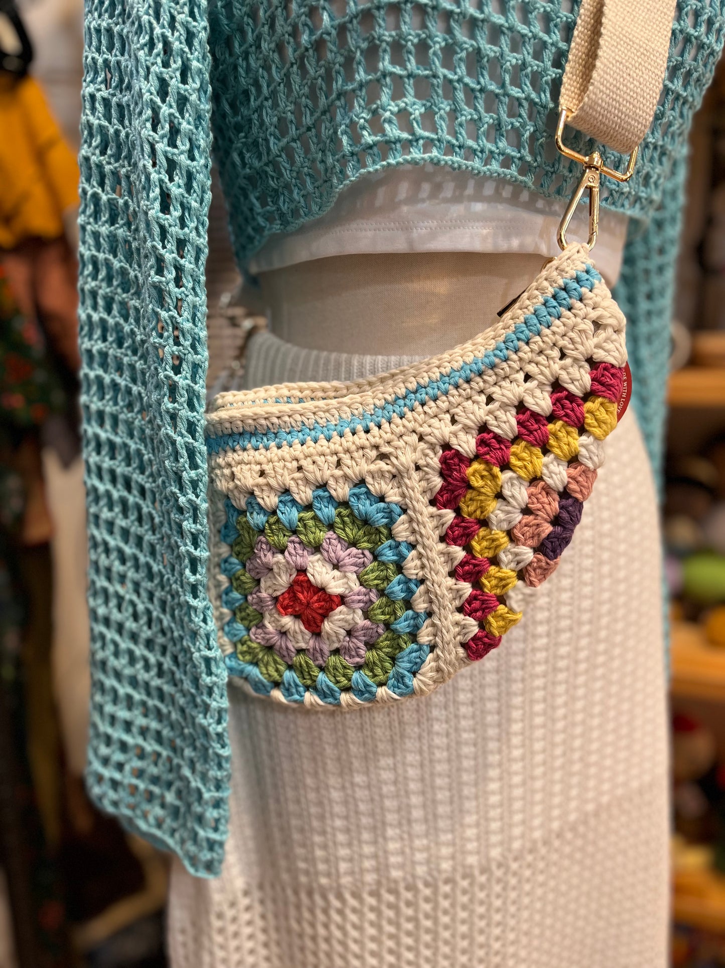 Hand Crochet Crossbody Adjustable Bag Turquoise