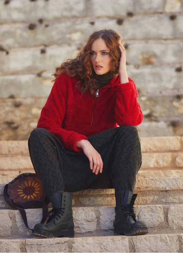 Kangaroo Pockets Hooded Plush Maroon Pullover