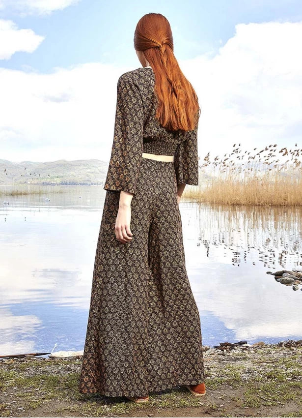 Palazzo High Rise Wide Leg Brown Patterned Trouser