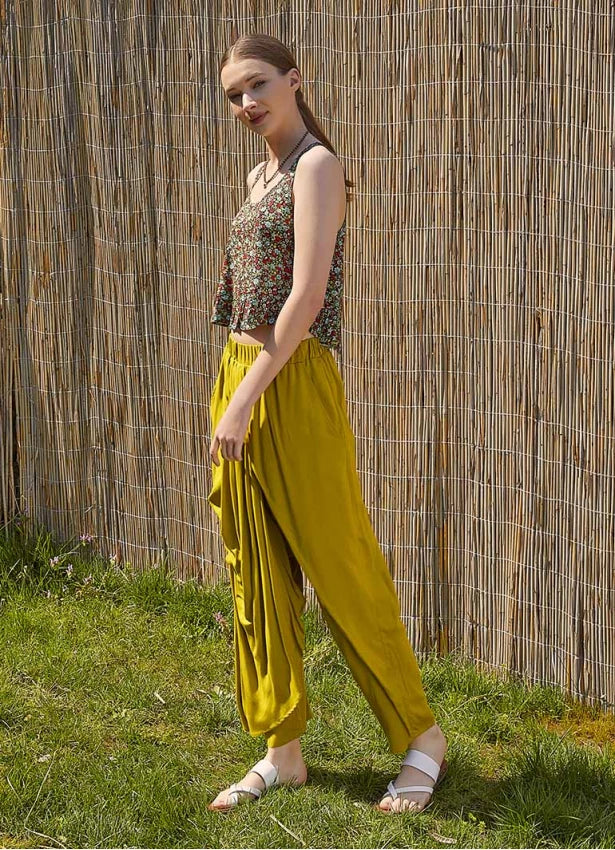 Wrap Front Loose Fit Boho Pants Olive Green