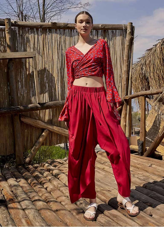 Wrap Front Loose Fit Boho Pants Red
