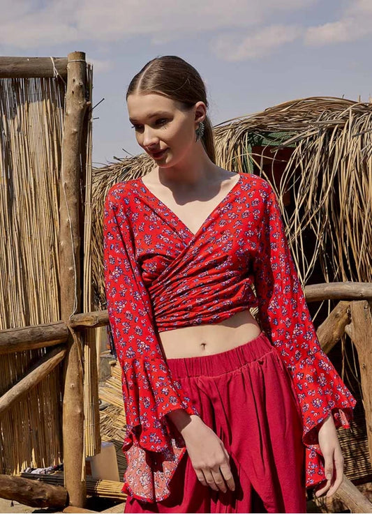 Oranj Flower Gypsy Style Bell Sleeve Crop Top