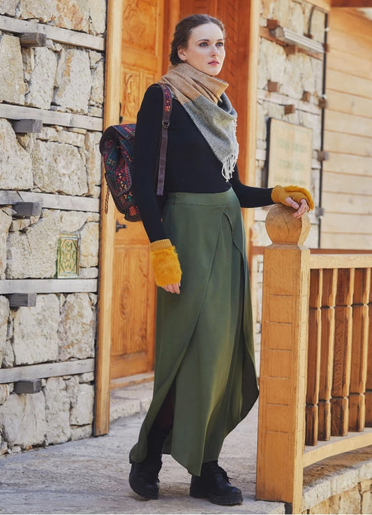 Elastic Waist Long Khaki Slit Skirt