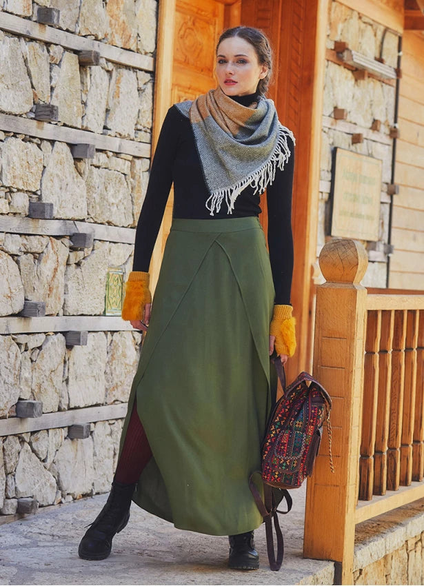 Elastic Waist Long Khaki Slit Skirt