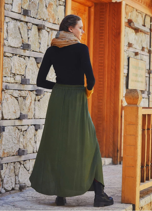 Elastic Waist Long Khaki Slit Skirt