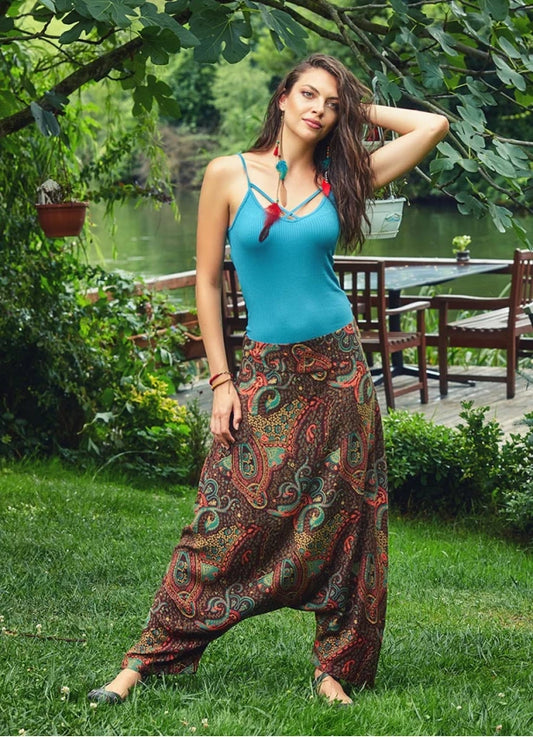 Paisley Print Side Zipper Closure Flat Waist Bohemian Harem Pants