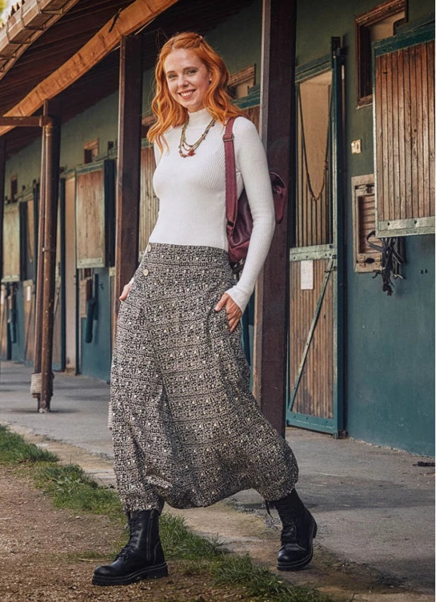 Adjustable Hem Wrap Front White Black Patterned Harem Pants