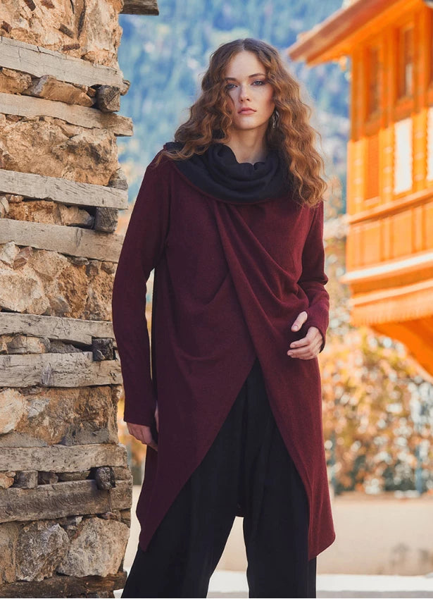 Thumb Hole Detailed Bohemian Style Hooded Long Black Cardigan