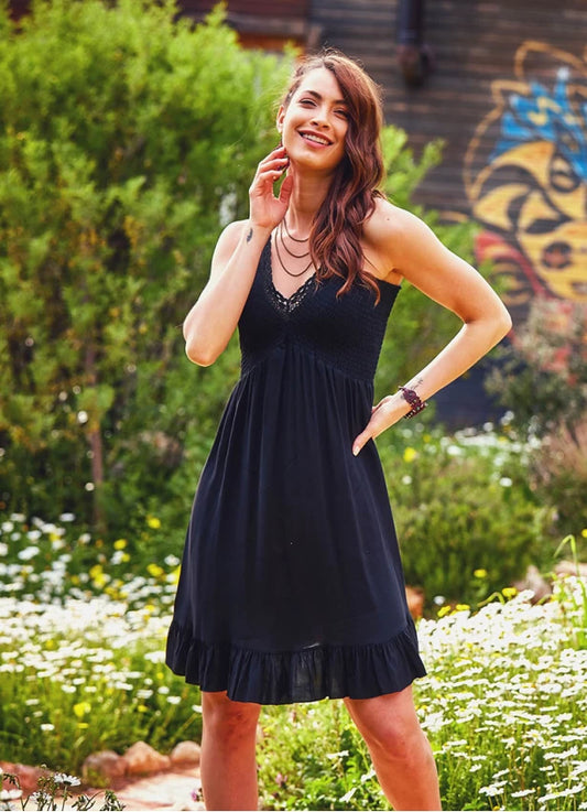 Laced V Neck Shirred Hem Dress