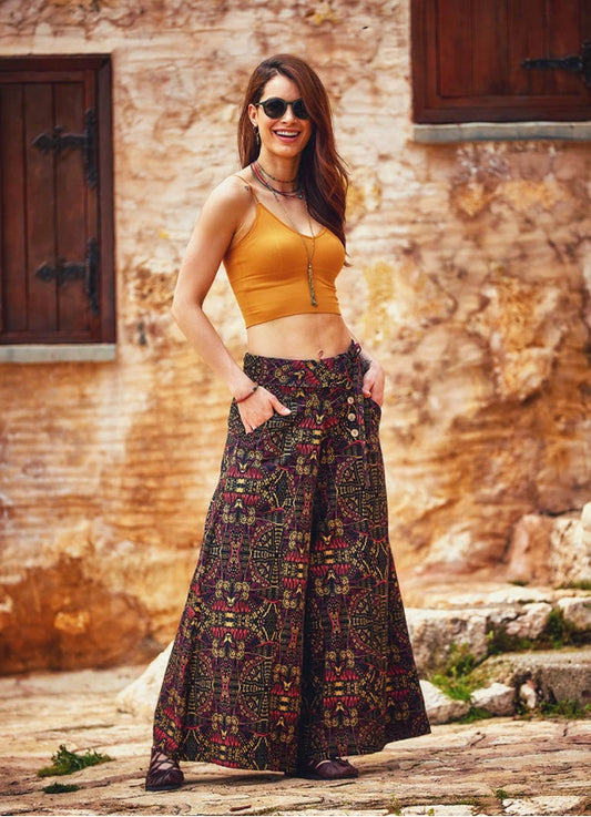 Carat Patterned Tie Banded Waist Low Rise Culottes