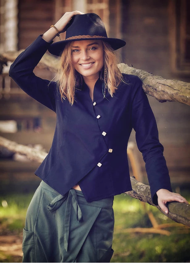 Asymmetric Front Slim Cut Long Sleeve Green Shirt